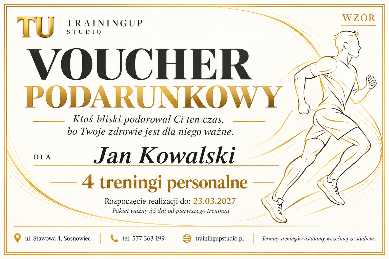 Voucher podarunkowy TrainingUp Studio w Sosnowcu — imienny wzór z rysunkiem biegacza