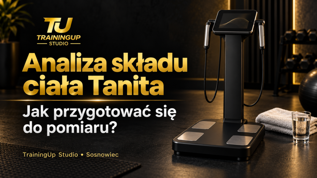 Analiza składu ciała Tanita — jak przygotować się do pomiaru? Grafika TrainingUp Studio z ilustracją analizatora.