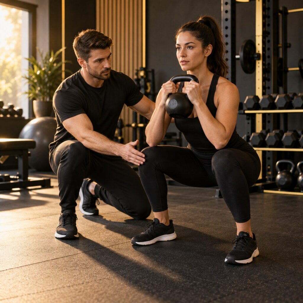 Trener nadzoruje przysiad z kettlebell podczas treningu personalnego