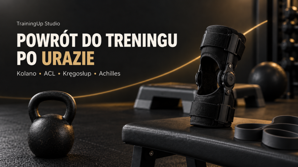 Powrót do treningu po urazie — grafika TrainingUp Studio ze stabilizatorem kolana, kettlebellem i gumą oporową. Tematy: kolano, ACL, kręgosłup i Achilles.